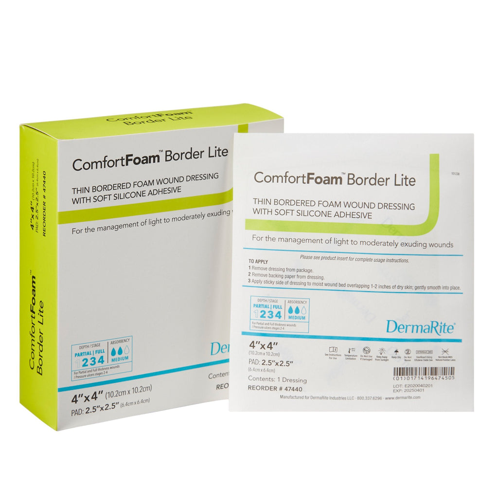 ComfortFoamâ„¢ Border Lite Silicone Adhesive with Border Thin Silicone Foam Dressing, 4 x 4 Inch