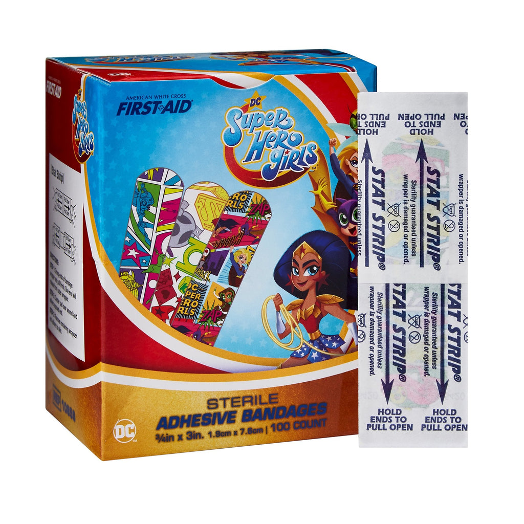 AmericanÂ® White Cross First Aid DC Super Hero Girls Kid Design Adhesive Strip, Â¾ x 3 Inch
