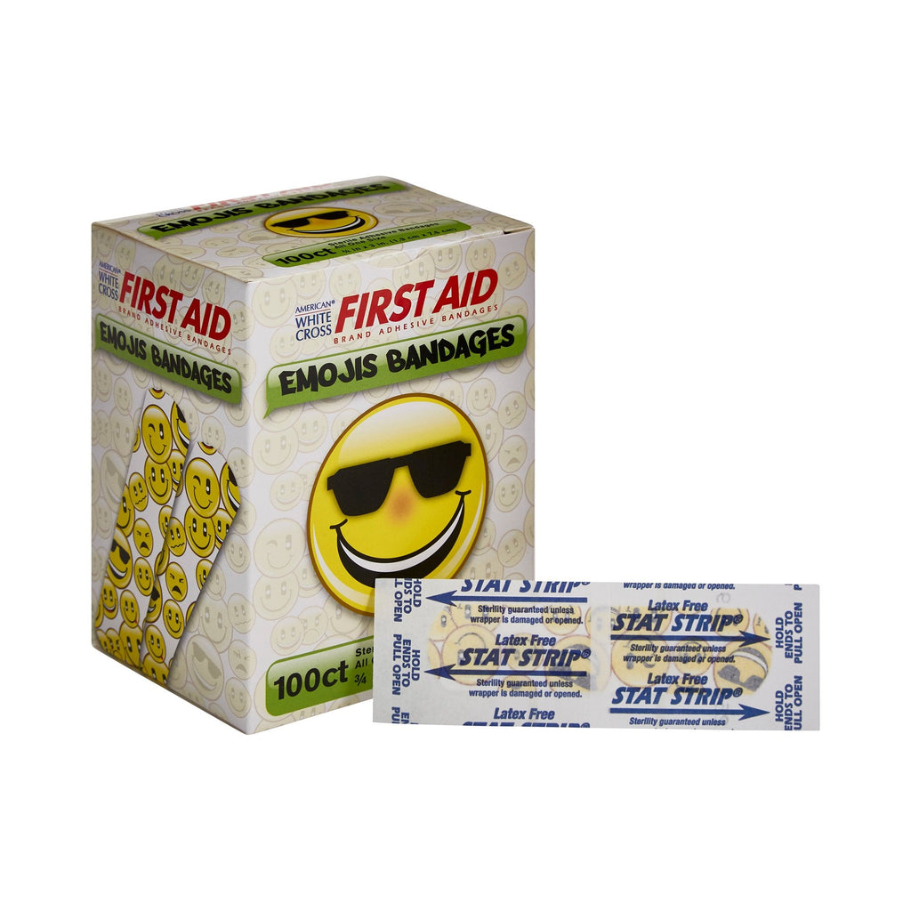 AmericanÂ® White Cross First Aid Emojis Kid Design Adhesive Strip, Â¾ x 3 Inch