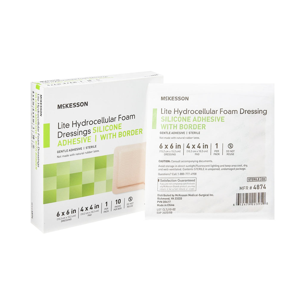 McKesson Lite Silicone Gel Adhesive with Border Thin Silicone Foam Dressing, 6 x 6 Inch
