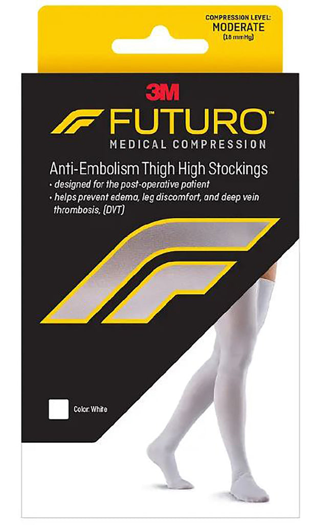 FUTURO Anti-Embolism Thigh-Length Stockings, Moderate Compression, Thigh High, White, Closed Toe, Large/Regular