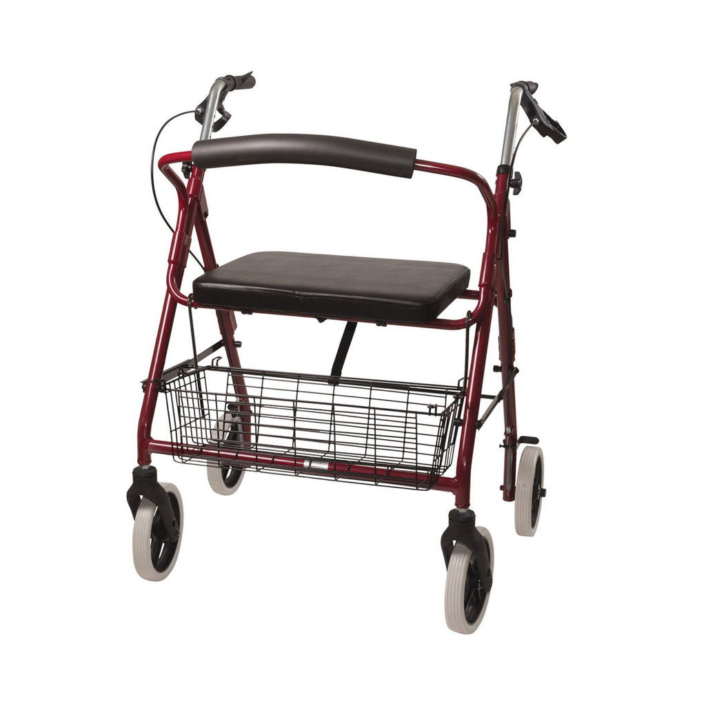 Duro-Med 4-wheel rollator, 8 in. Wheel, 32 - 36 in. Handle, Burgundy, 375 lbs, Aluminum Frame