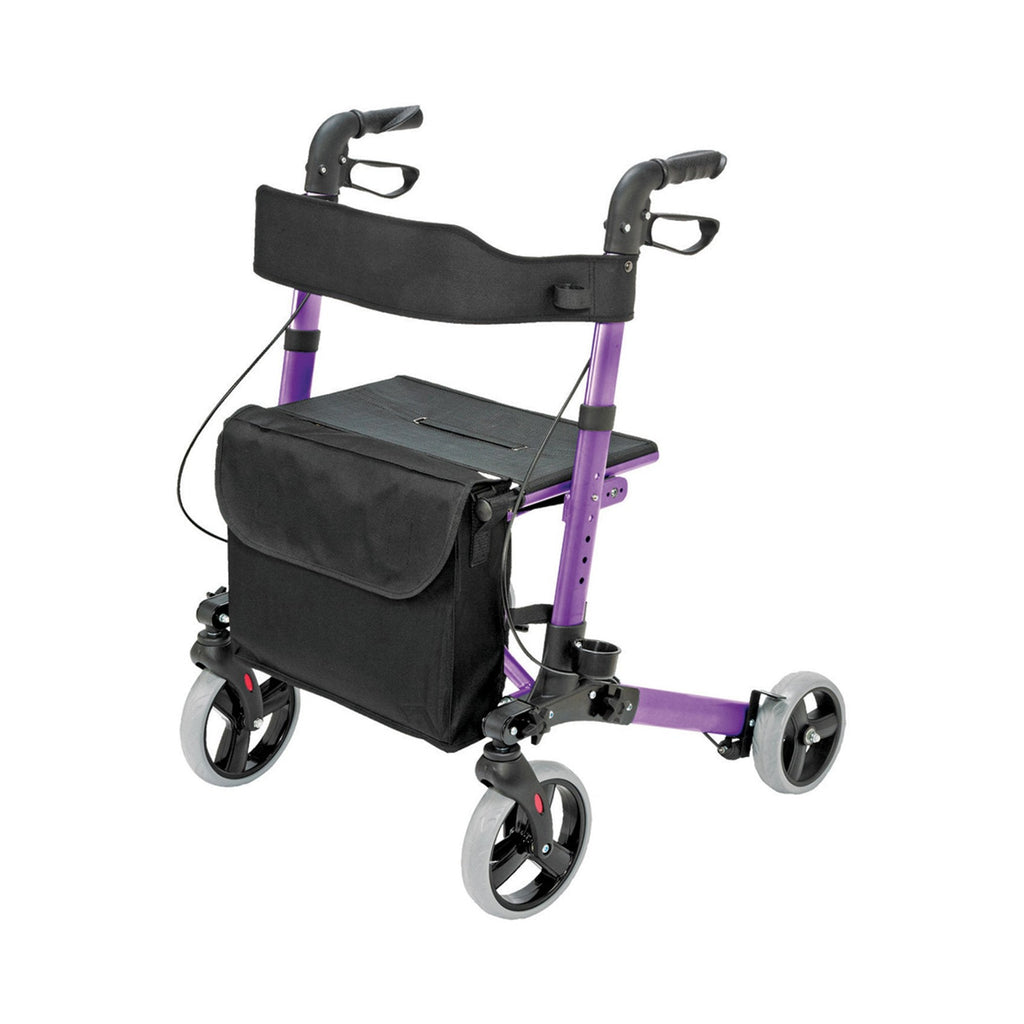 HealthSmartÂ¨ 4-wheel rollator, 8 in. Front, 7 in. Rear Wheel, 31 - 36 in. Handle, Purple, 300 lbs, Aluminum Frame