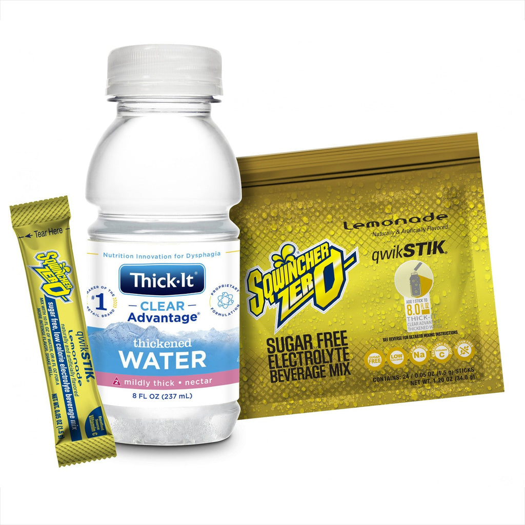 Clear AdvantageÂ¨ Thickened Water (Nectar Consistency), 8 oz. + SqwincherÂ¨ Qwik StikÂ¨ Zero Lemonade, 1.5 Gram Packet, 24 Combo Packs per Case