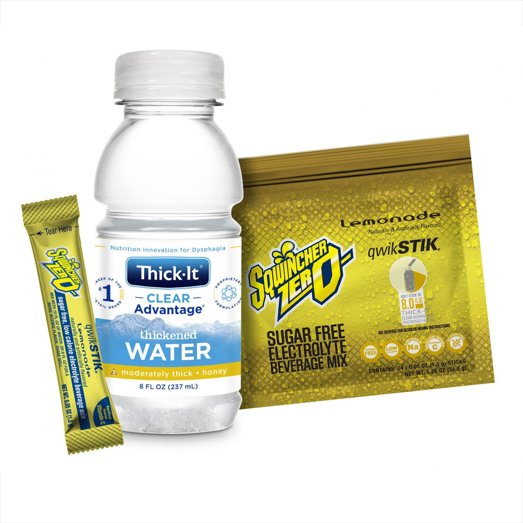 Clear AdvantageÂ¨ Thickened Water (Honey Consistency), 8 oz. + SqwincherÂ¨ Qwik StikÂ¨ Zero Lemonade, 1.5 Gram Packet, 24 Combo Packs per Case