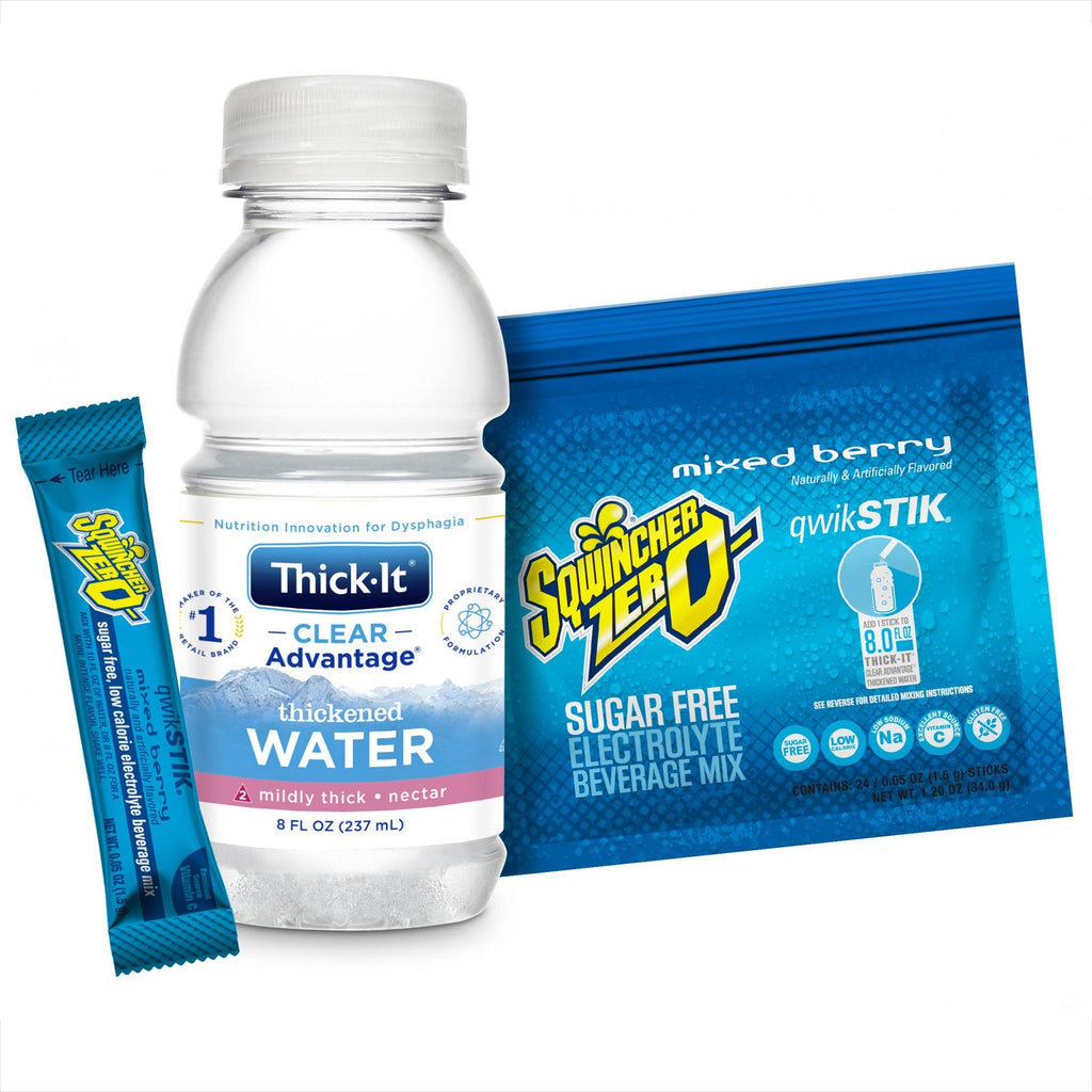 Clear AdvantageÂ¨ Thickened Water (Nectar Consistency), 8 oz. + SqwincherÂ¨ Qwik StikÂ¨ Zero Mixed Berry, 1.5 Gram Packet, 24 Combo Packs per Case