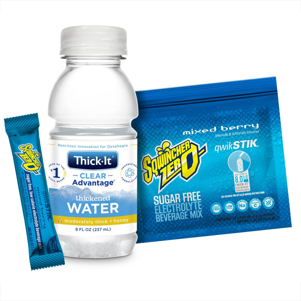 Clear AdvantageÂ¨ Thickened Water (Honey Consistency), 8 oz. + SqwincherÂ¨ Qwik StikÂ¨ Zero Mixed Berry, 1.5 Gram Packet, 24 Combo Packs per Case