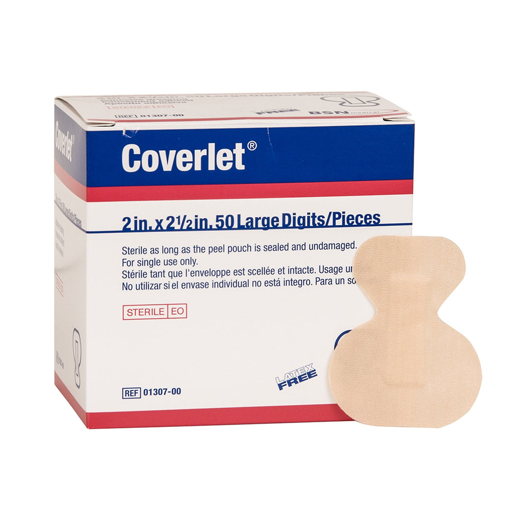 CoverletÂ® Adhesive Strip, Fabric, Fingertip, Sterile. Tan, 2 x 2-1/2 Inch