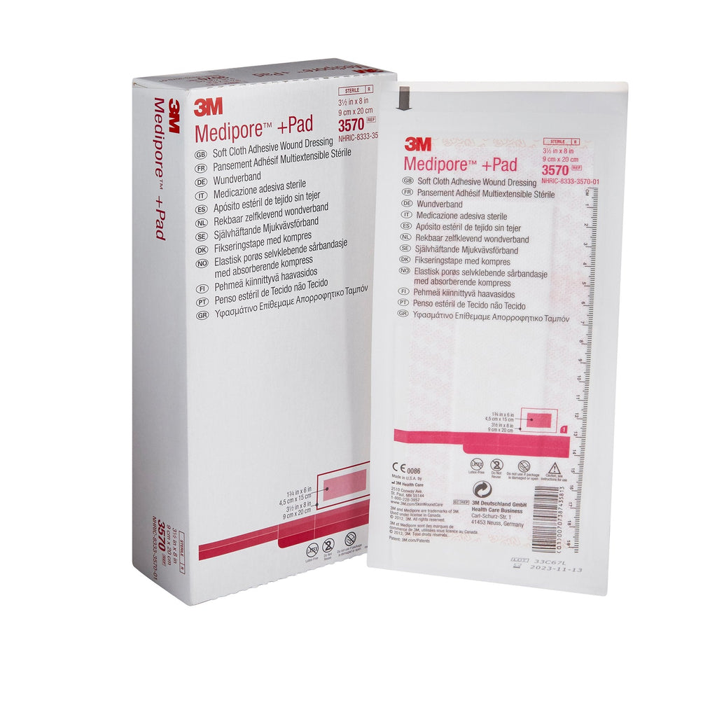 3Mâ„¢ Mediporeâ„¢ + Pad Soft Cloth Adhesive Dressing, 3Â½ x 8 Inch