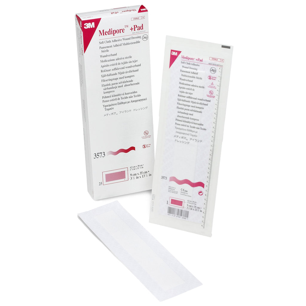 3Mâ„¢ Mediporeâ„¢ + Pad Soft Cloth Adhesive Dressing, 3 xÂ½ x 13Â¾ Inch