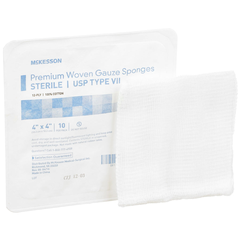 McKesson USP Type VII Gauze Sponges, Cotton, 12-Ply, Square, Sterile, 4 inch X 4 inch, White, Square