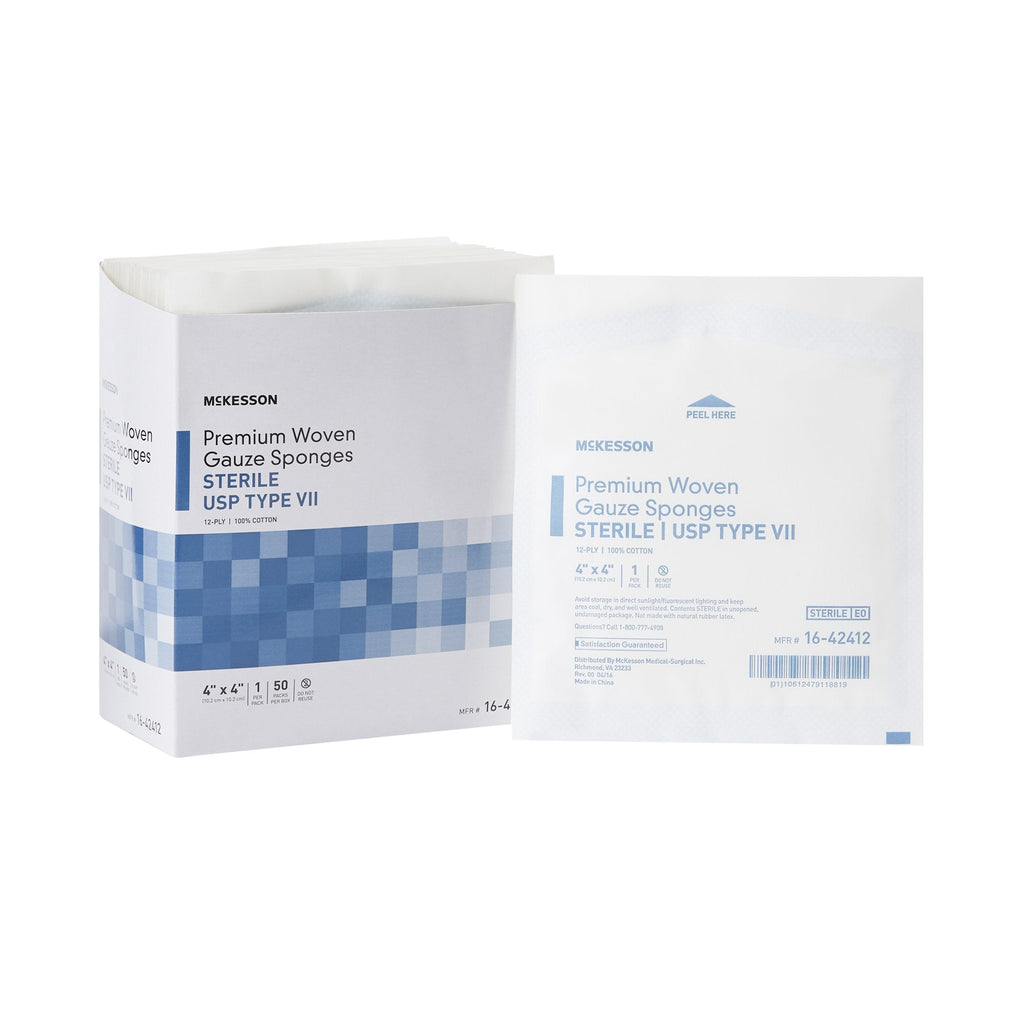 McKesson USP Type VII Gauze Sponges, Cotton, 12-Ply, Square, Sterile, 4 inch X 4 inch, White, Square