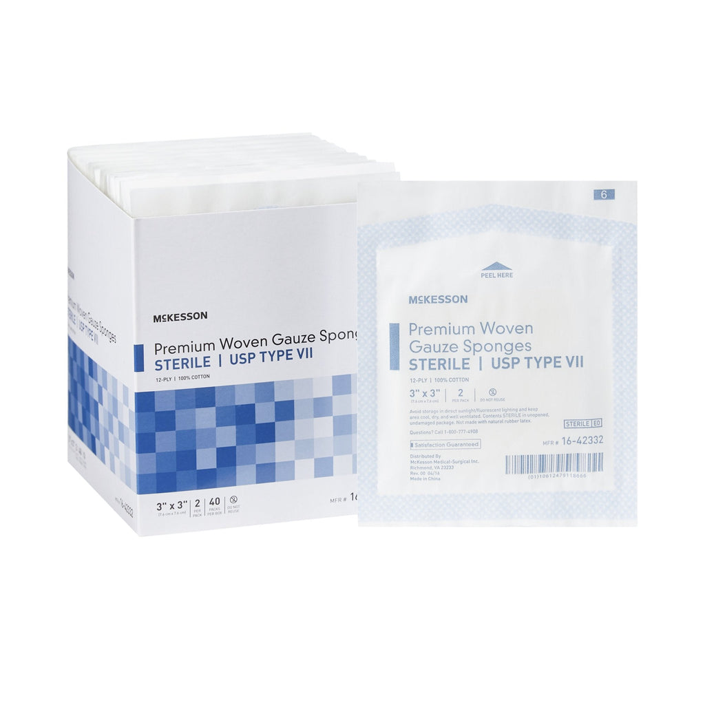 McKesson USP Type VII Gauze Sponges, Cotton, 12-Ply, Square, Sterile, 3 inch X 3 inch, Square
