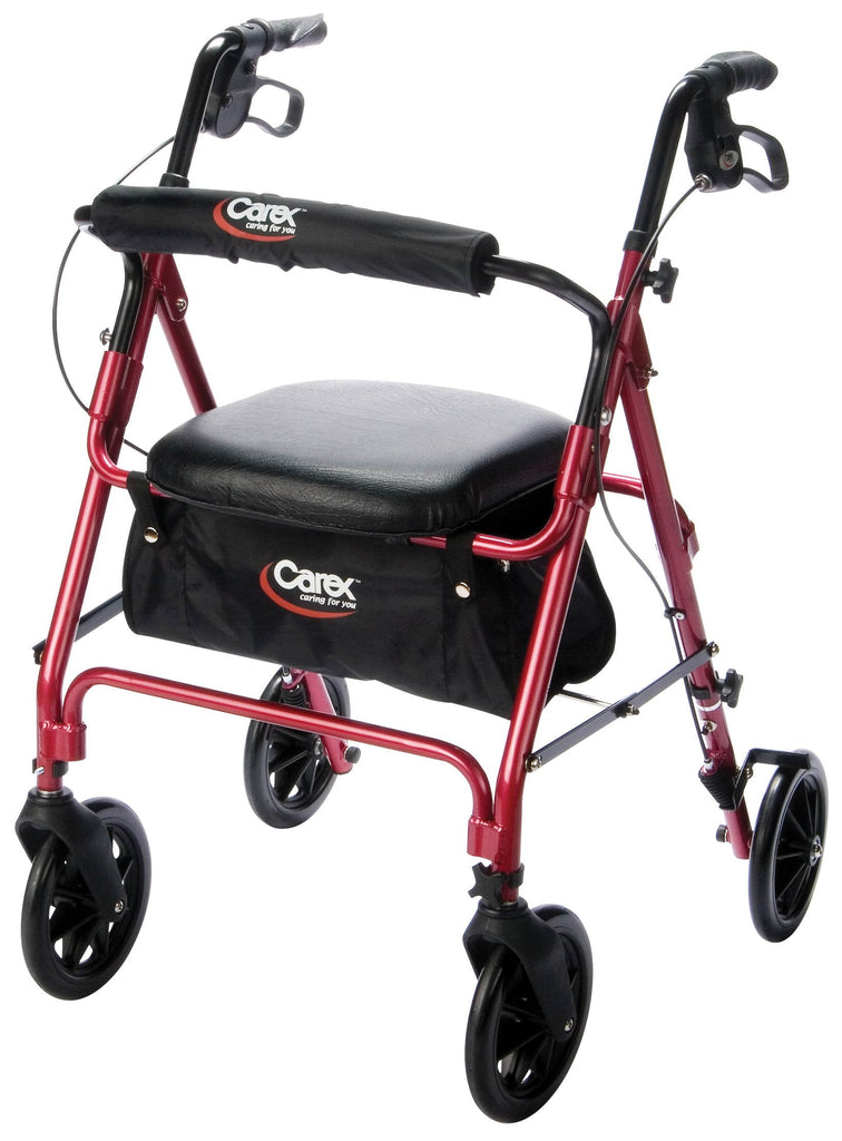 CarexÂ¨ 4-Wheel Rolling Walker, 8 in. Wheel, 33.75 - 38.75 in. Handle, Burgundy, 250 lbs, Aluminum Frame