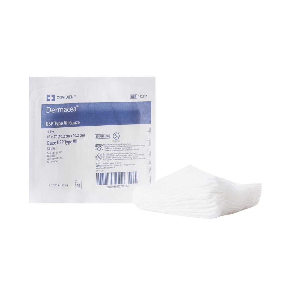 Cardinal Dermacea USP Type VII Gauze Sponges, Cotton, 12-Ply, Sterile, 4" x 4", Square