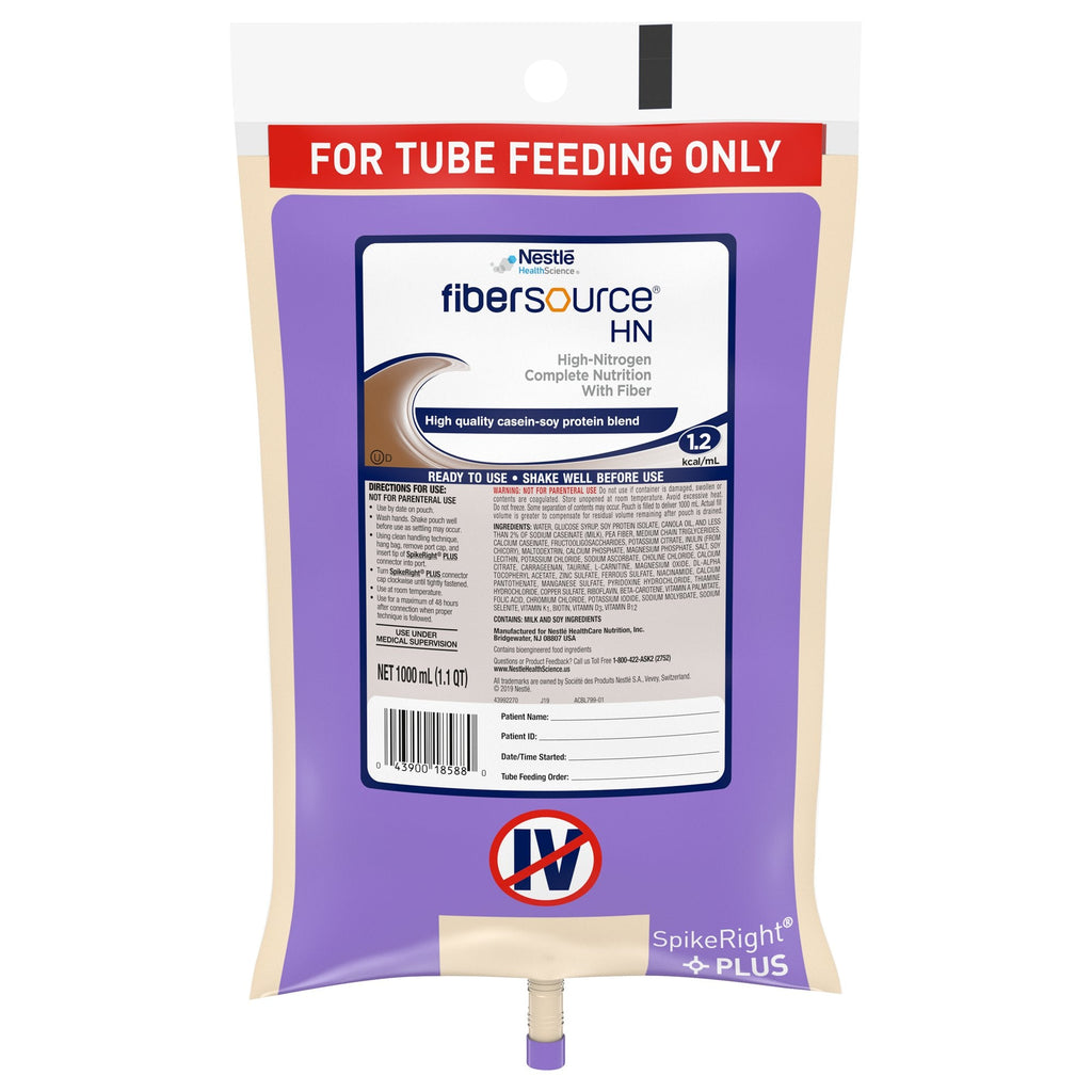 Nestle Fibersource HN Tube Feeding Formula, Ready to Hang, 33.8 oz, Bag, 1200 Calories, Unflavored