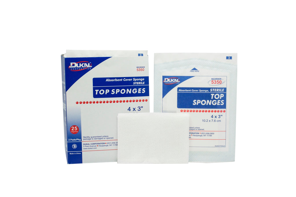 Dukal Cellulose/Rayon nonwoven Sponge, 8-Ply, White, Sterile, 3 x 4 Inch