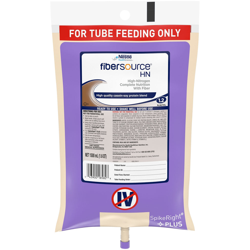 Nestle Fibersource HN Tube Feeding Formula, Ready to Hang, 50.7 oz, Bag, 1800 Calories, Unflavored
