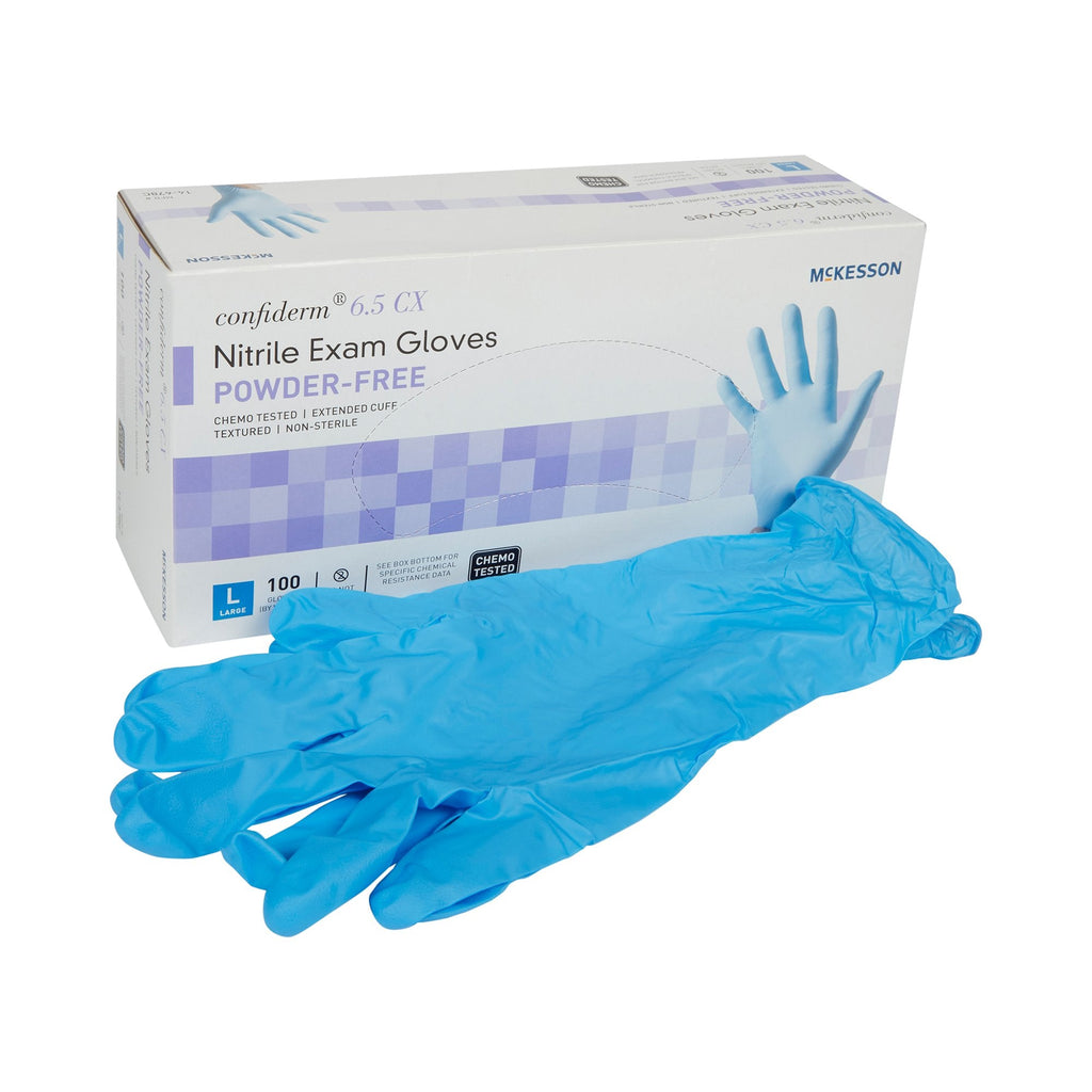 McKesson ConfidermÂ¨ 6.5CX Extended Cuff Nitrile Extended Cuff Length Exam Glove, Large, Blue