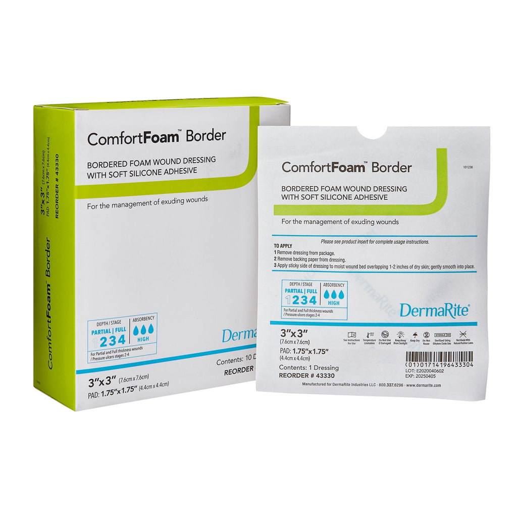 ComfortFoamÂª Border Silicone Adhesive with Border Silicone Foam Dressing, 3 x 3 Inch